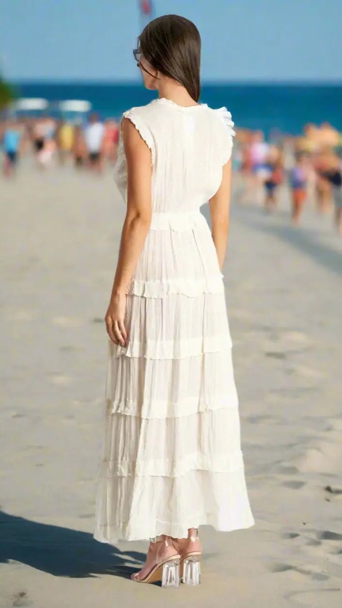 White Tiered Maxi Dress - Designer Maxi Dress | Elegant Kaftan Cover Up Dress | Club Moda USA