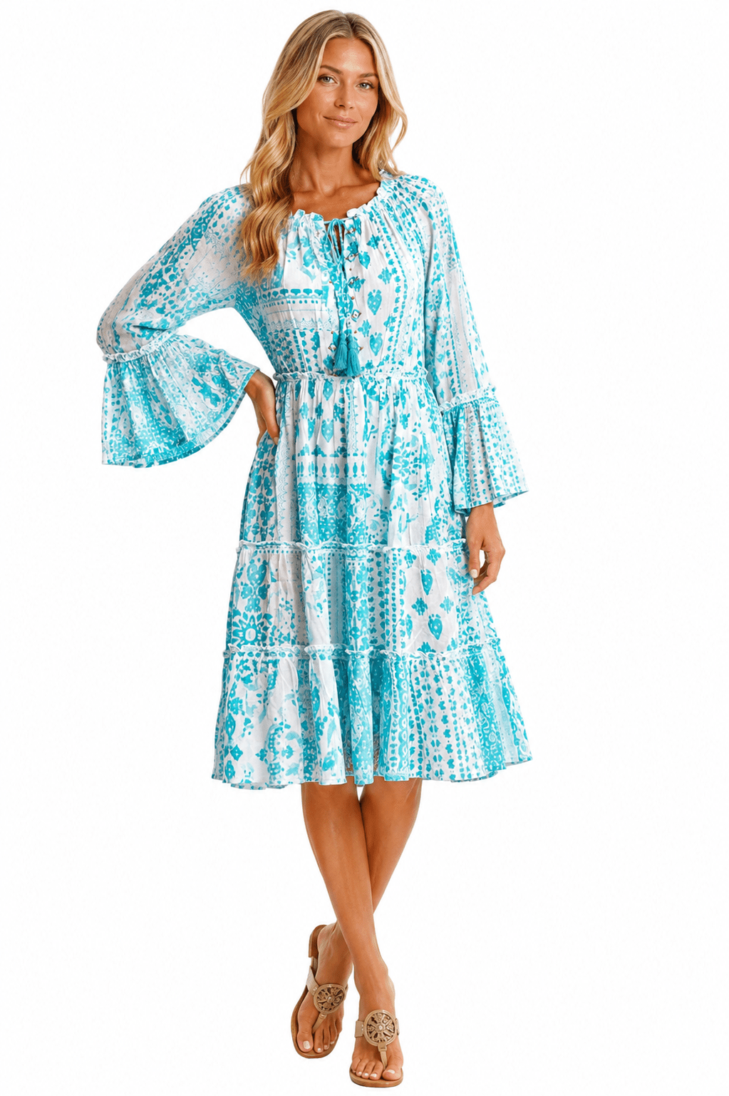 Aqua blue boho tiered midi dress, shown from another angle