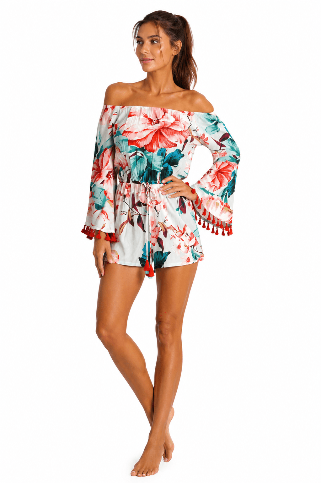 Women's Floral Off Shoulder Romper – Tropical Resort Vacation Romper with Tassel Sleeves | Club Moda