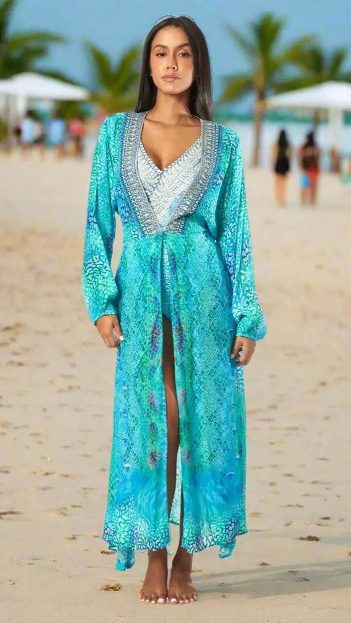 Women's Maxi Wrap Dresses for Sea Cruise Escape - Designer Maxi Dress | Elegant Kaftan Cover Up Dress | Club Moda USA