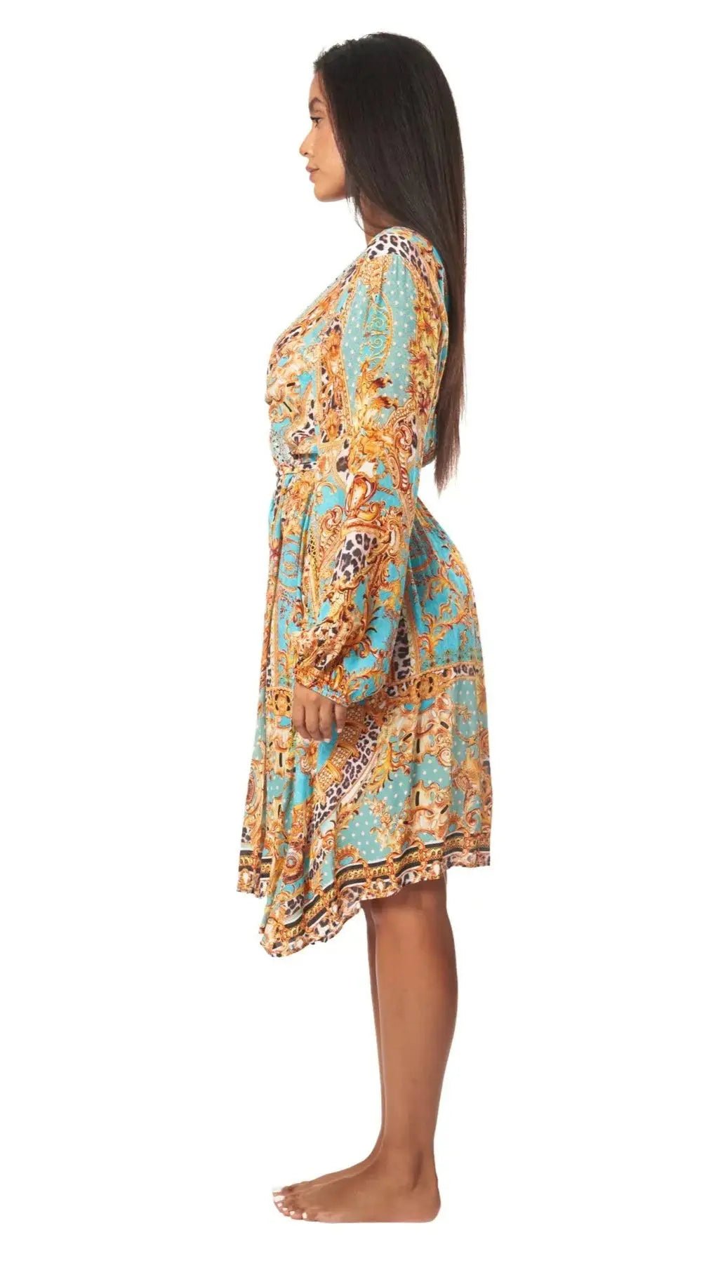 Wrap midi dress cut for warm-weather beach and resort days, alternate view