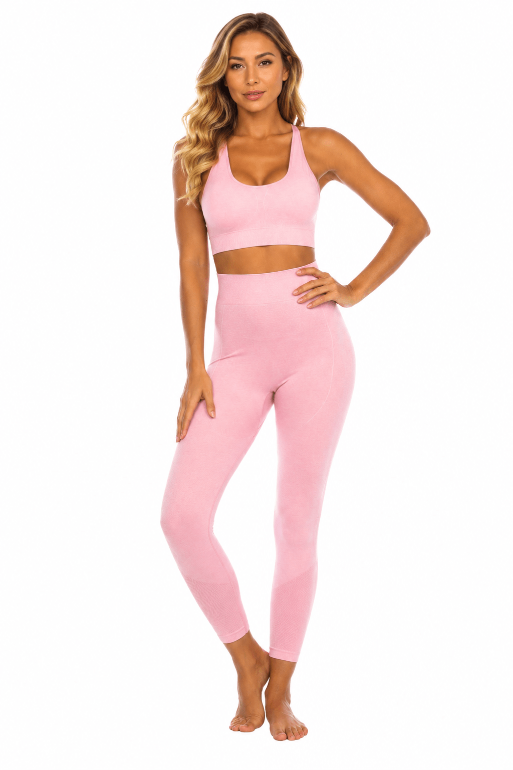 Women's Pink Seamless Activewear Set – High Waisted Leggings & Cross Back Sports Bra Gym Workout Outfit