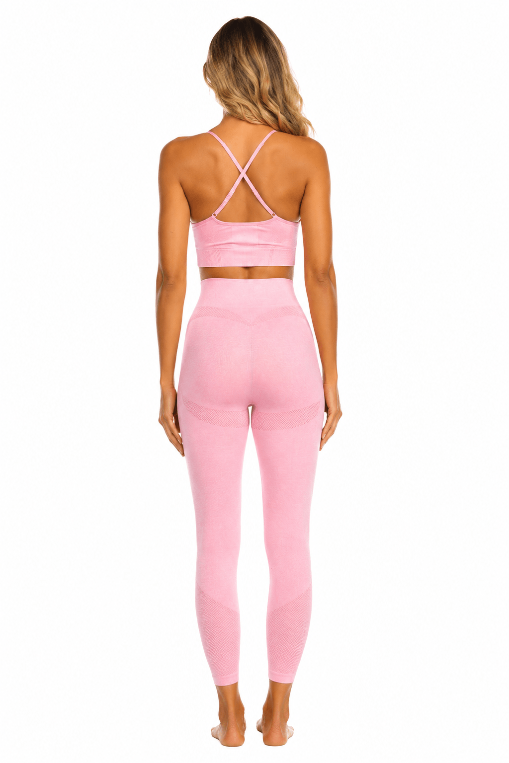 Women's Pink Seamless Activewear Set – High Waisted Leggings & Cross Back Sports Bra Gym Workout Outfit