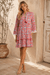 Women's Red & White Boho Print Mini Dress with Tassel Tie Neck | Resort Vacation Dress