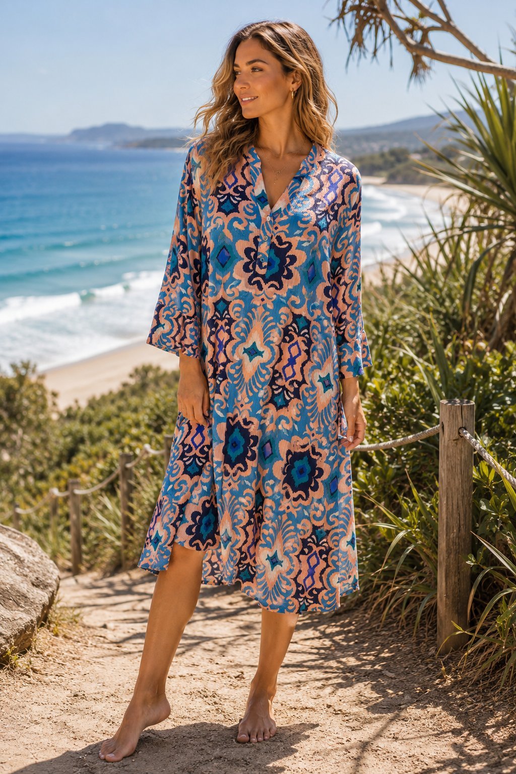 Tropical-print resort cover-up dress, shown from another angle