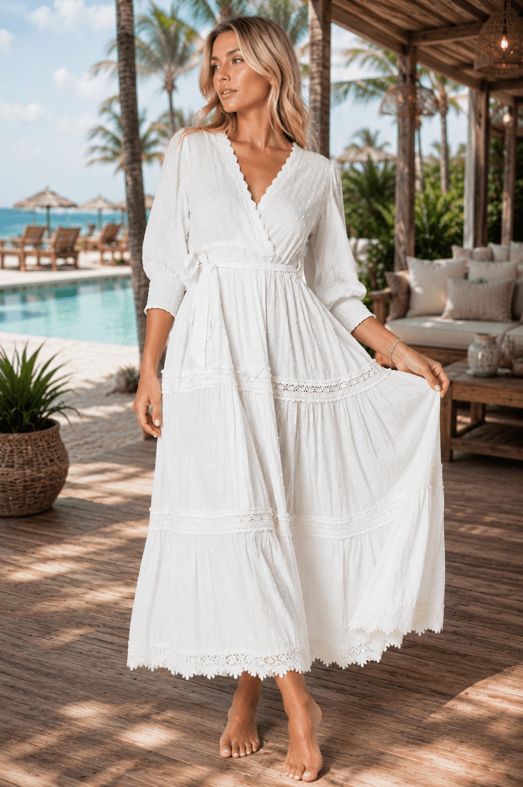 Wrap maxi dress with a full-length hem, shown from another angle