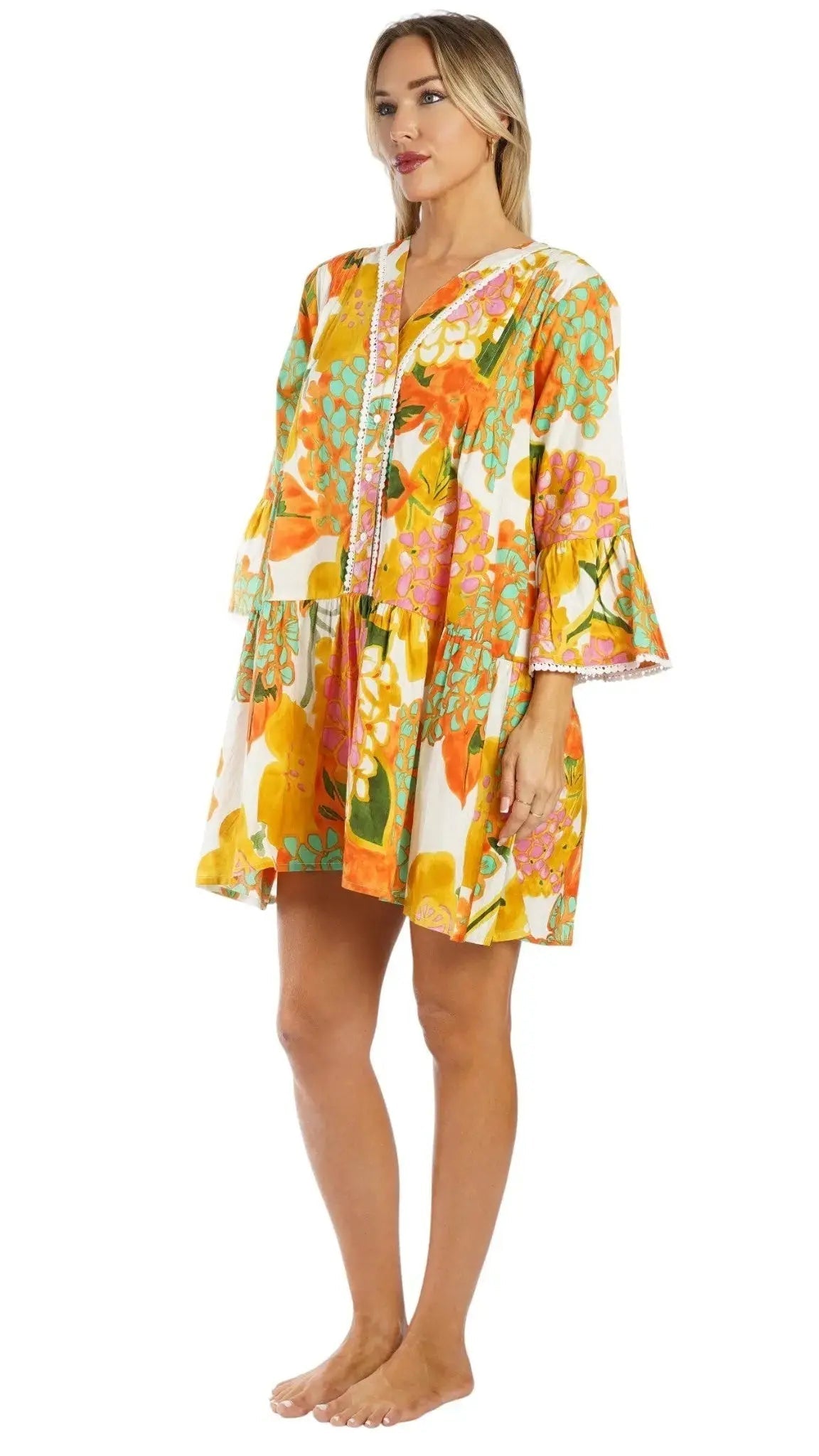 Yellow Floral Mini Dress – Luxury Resort Wear Vacation Dress Club Moda Mini Dress